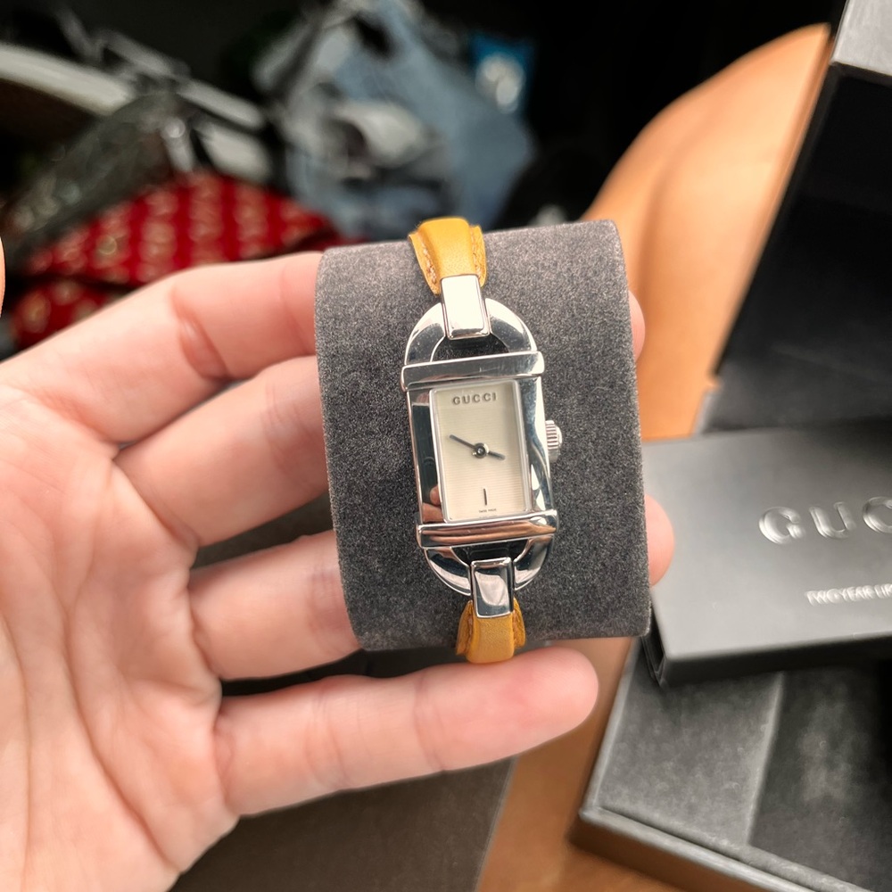 Gucci Silver Watch with Yellow Strap